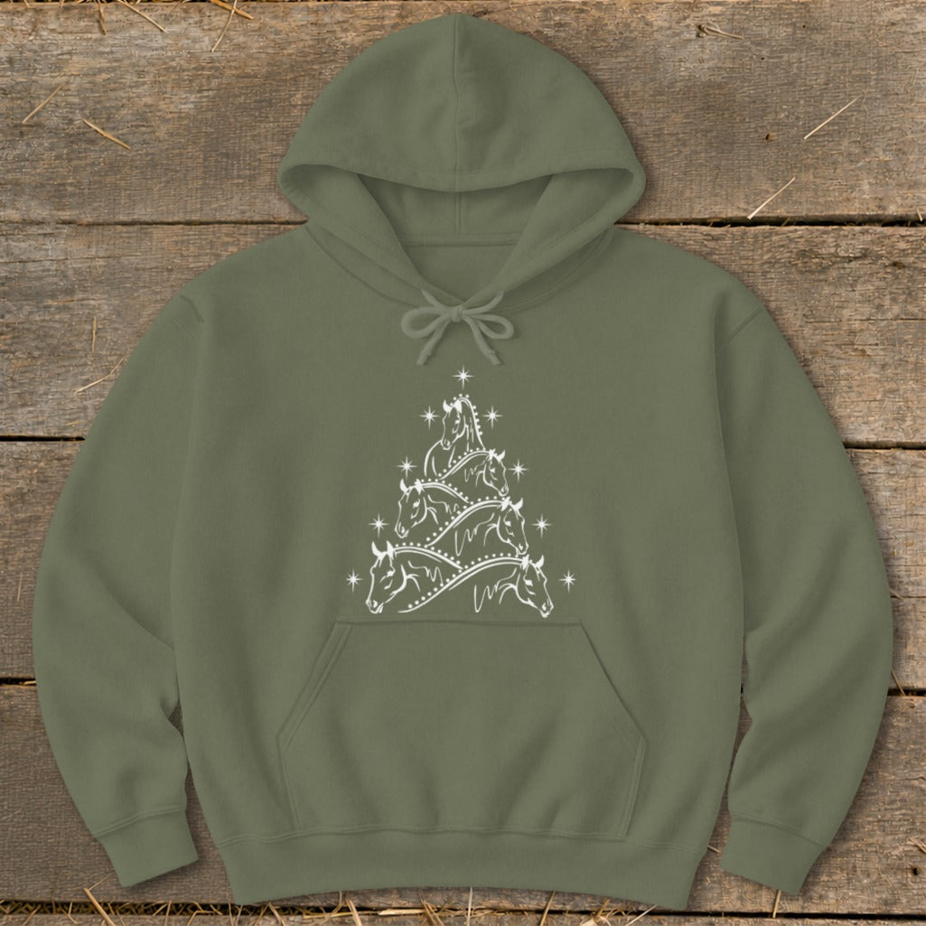 Olive green hoodie with white horse Christmas tree graphic on front.