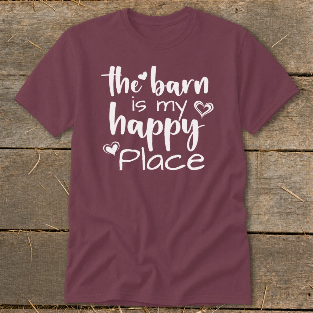 Burgundy t-shirt with white text: "the barn is my happy place".