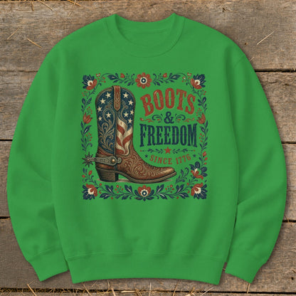 Green sweatshirt with American flag cowboy boot and "Boots & Freedom Since 1776" text.