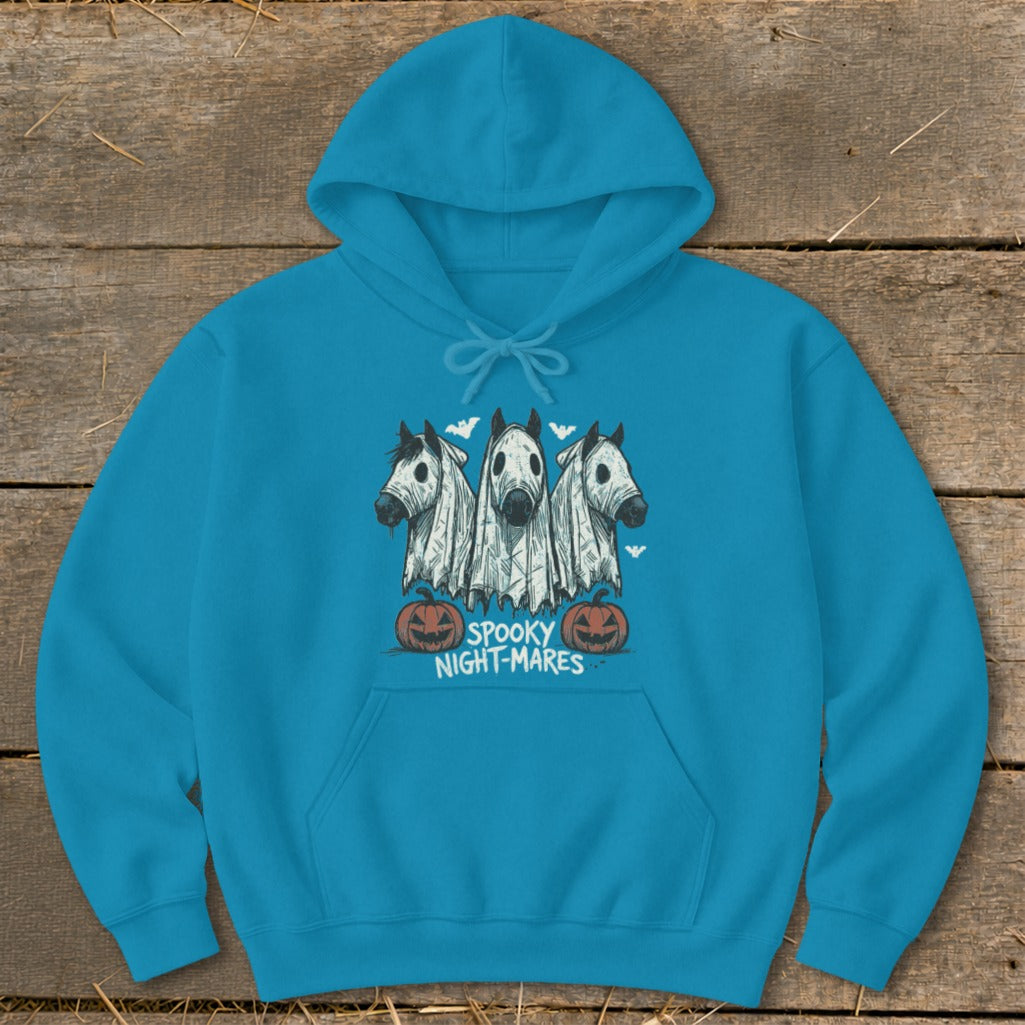 Turquoise hoodie with three horses in ghost costumes and pumpkins, "Spooky Night-Mares" text.