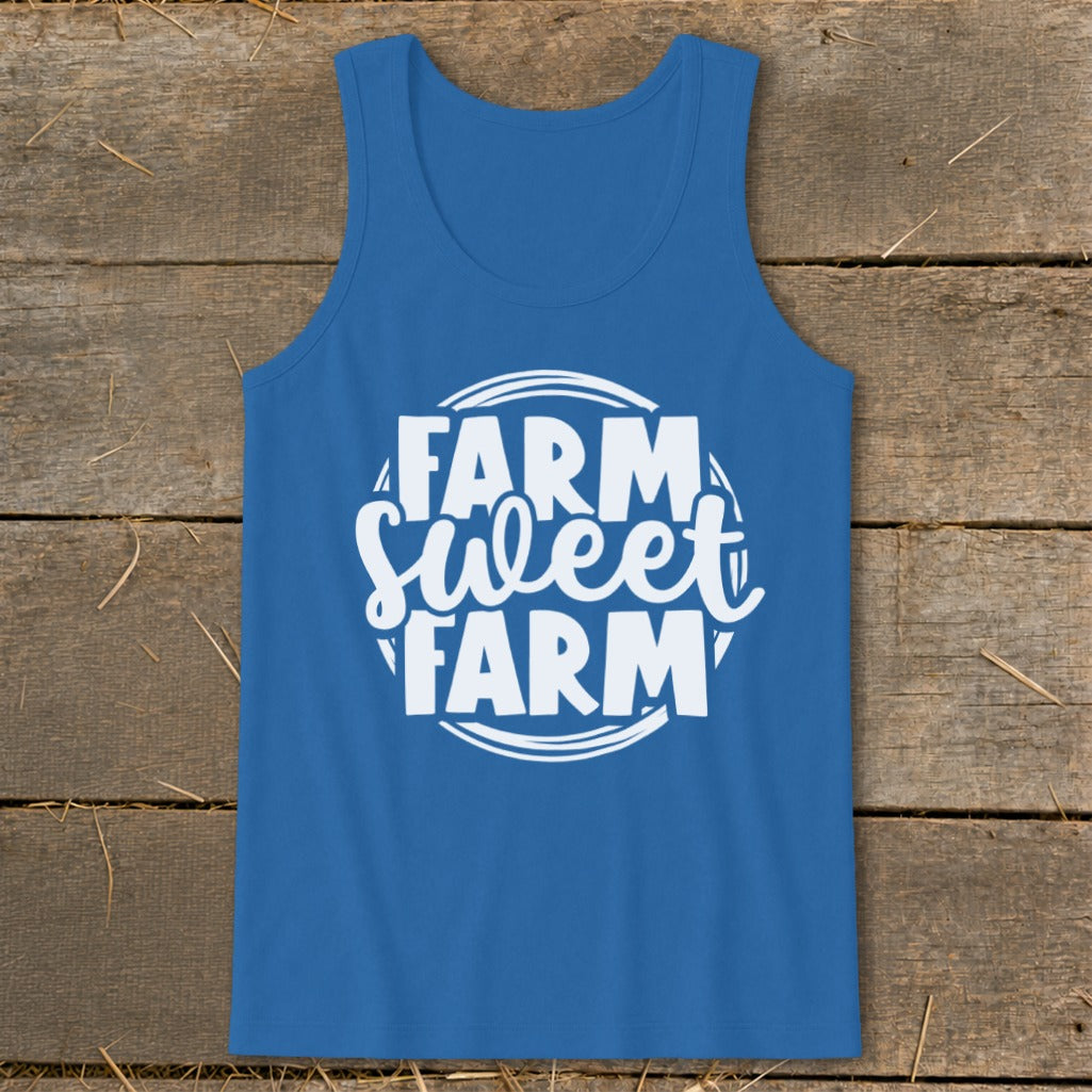 Blue tank top with white text reading "Farm Sweet Farm" inside a circle.