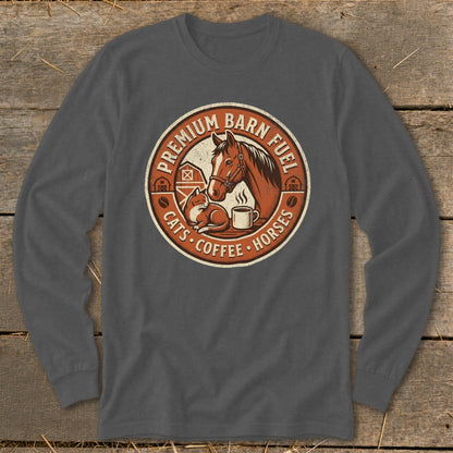 Round graphic with horse, cat, coffee, barn, and text "Premium Barn Fuel Cats Coffee Horses".