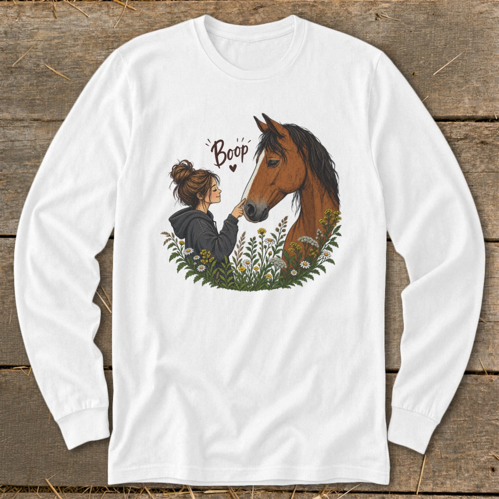 Illustration of girl booping horse nose with flowers and text "Boop".