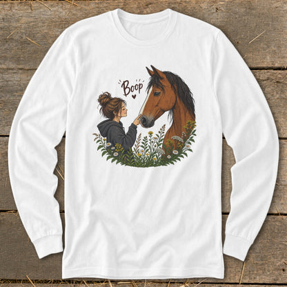 Illustration of girl booping horse nose with flowers and text "Boop".
