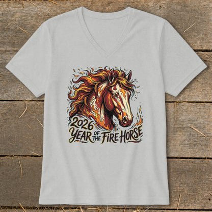 Gray t-shirt with a fiery horse graphic and text "2026 Year of the Fire Horse".