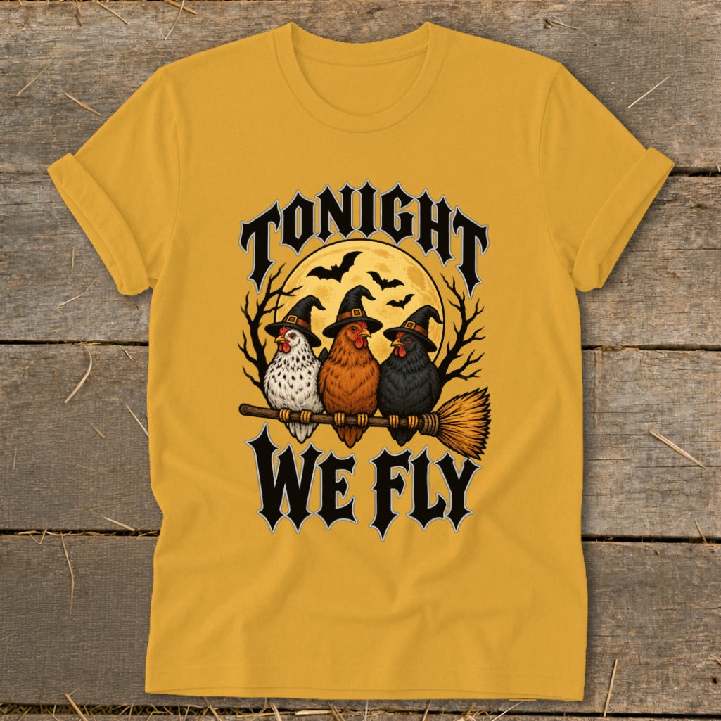 Three witches' chickens wearing hats sit on a broom with text "Tonight we fly".