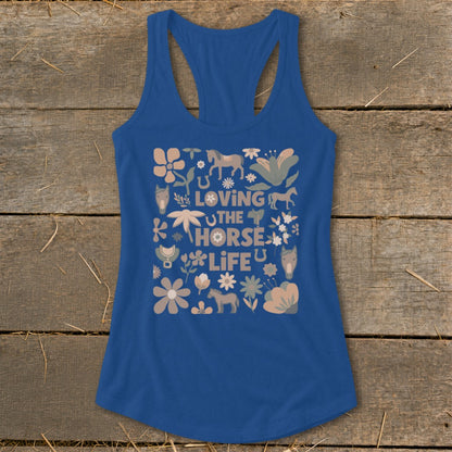 Blue tank top with "Loving the Horse Life" text and horse and floral graphics.