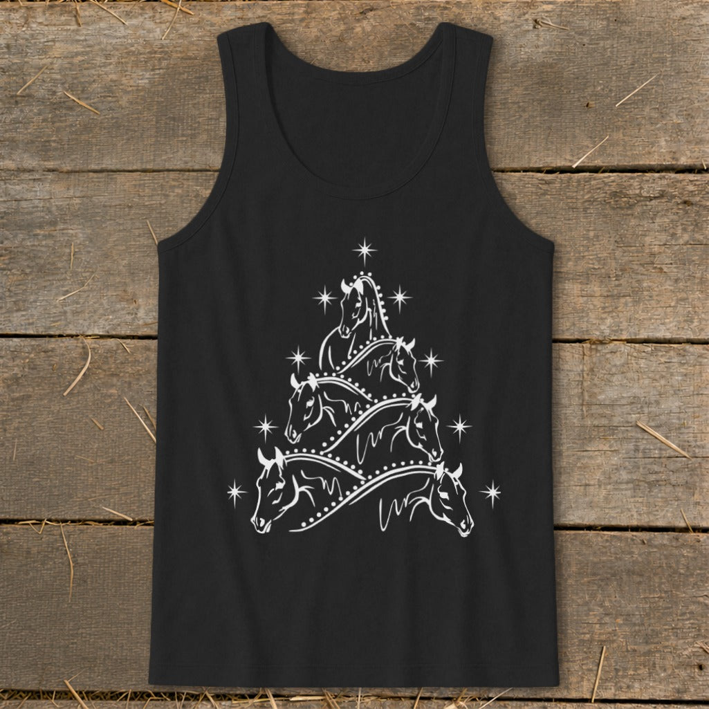 Black tank top with white horse heads arranged in a Christmas tree shape.