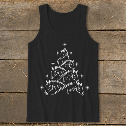 Black tank top with white horse heads arranged in a Christmas tree shape.