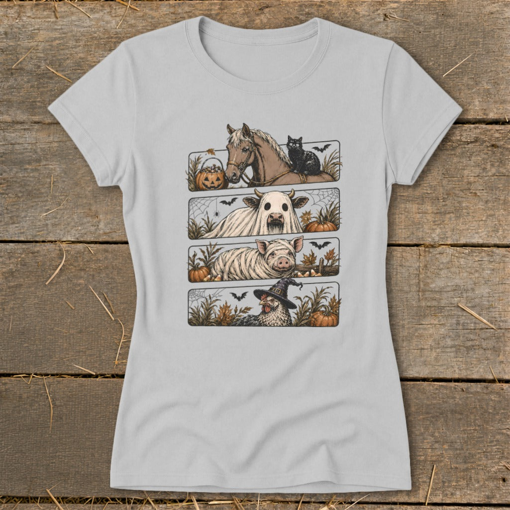 Halloween t-shirt with horse, ghost cow, mummy pig, and witch chicken illustration.
