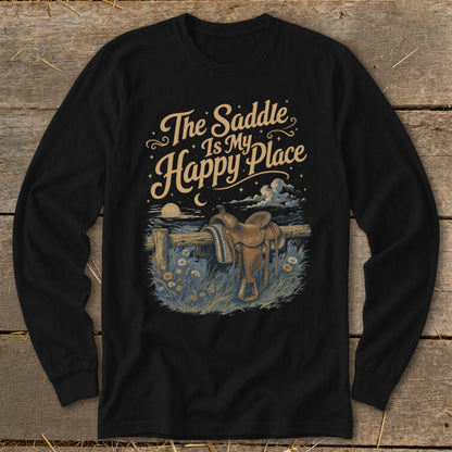 Black long-sleeve shirt with "The Saddle Is My Happy Place" text and saddle graphic.