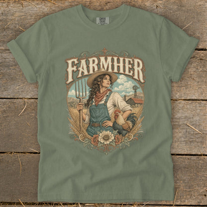 "Farmer Her" graphic t-shirt with a woman, rooster, and farm scene.