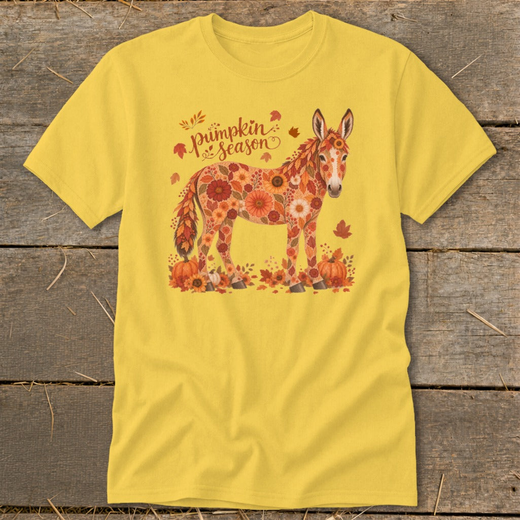 Yellow t-shirt with a donkey covered in flowers and leaves, with "Pumpkin season" text.
