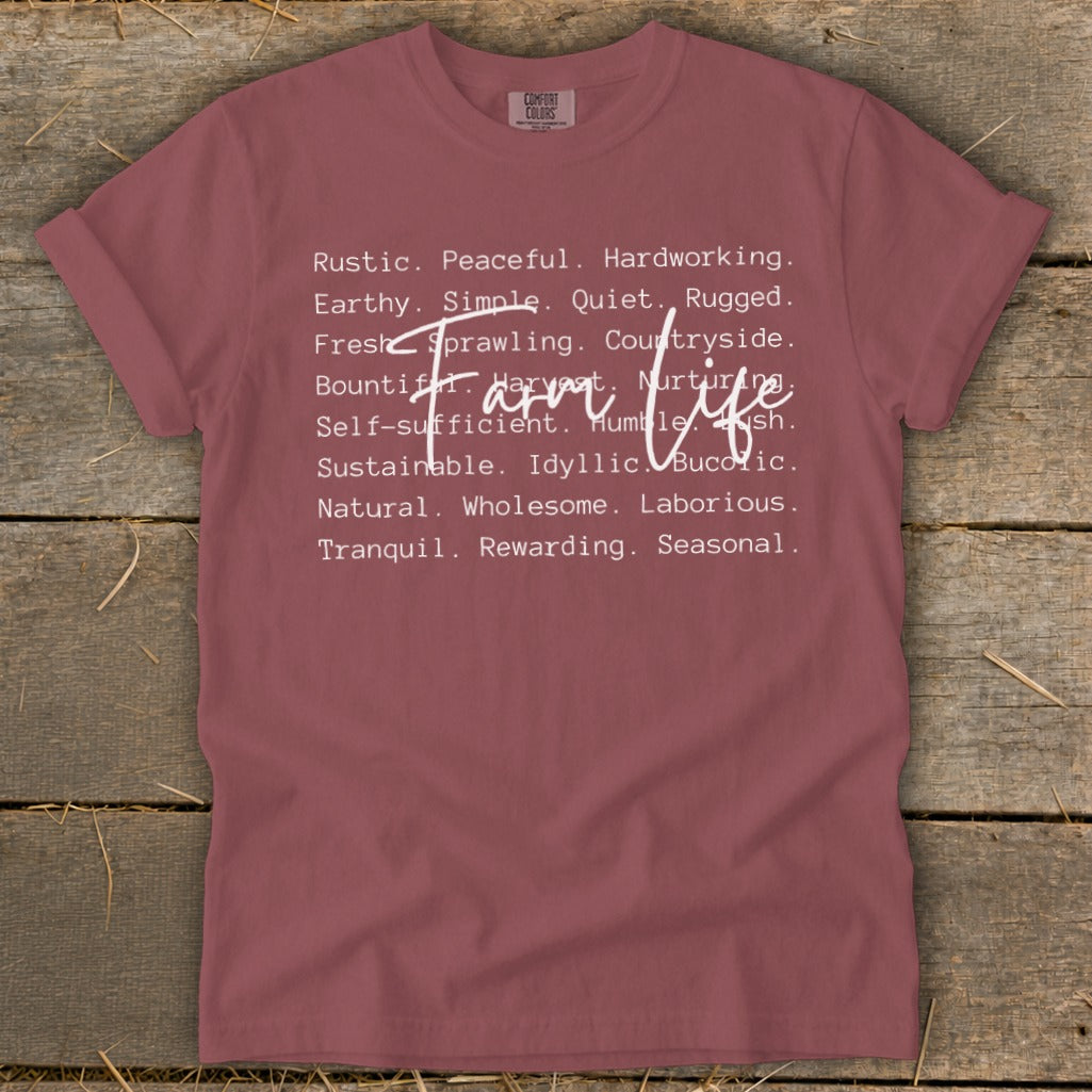 Maroon t-shirt with "Farm Life" and descriptive words in white text.