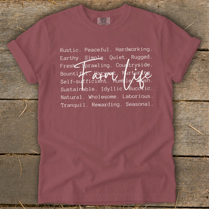 Maroon t-shirt with "Farm Life" and descriptive words in white text.