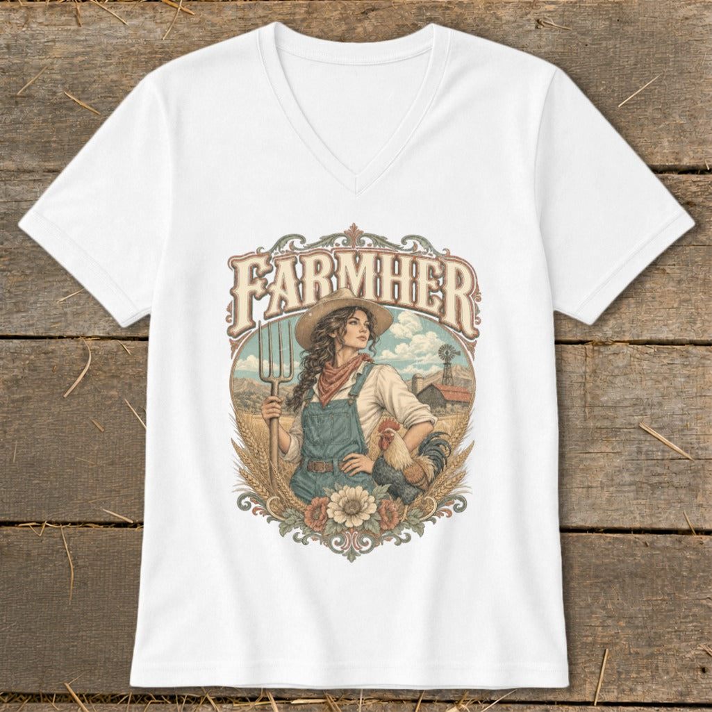 Farmer graphic with woman, rooster, wheat, and farm scene.
