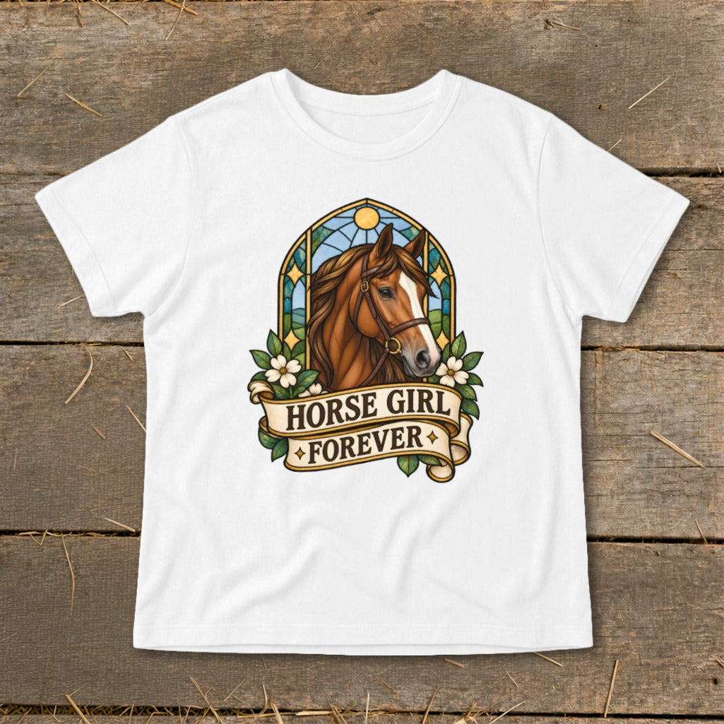 White t-shirt with "Horse Girl Forever" text and a horse in a stained-glass window design.