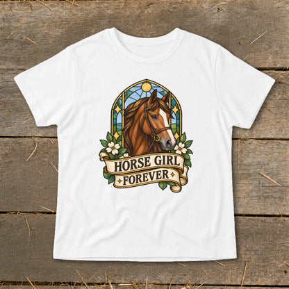 White t-shirt with "Horse Girl Forever" text and a horse in a stained-glass window design.