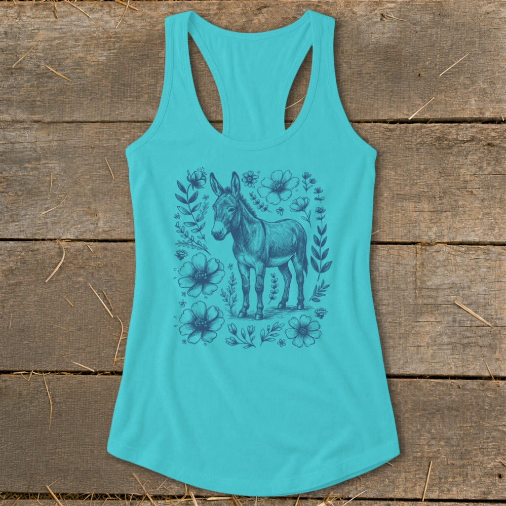 Teal tank top with a dark blue donkey and floral illustration on the front.