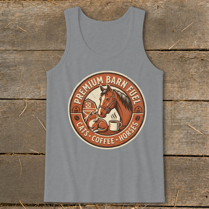 Circular graphic with horse, cat, coffee, and barn with text "Premium Barn Fuel Cats Coffee Horses".
