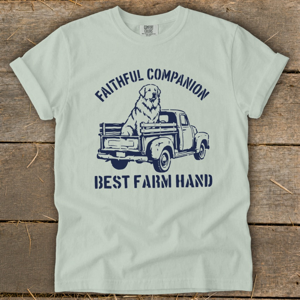 T-shirt with navy blue graphic of dog in truck, "Faithful Companion" and "Best Farm Hand".
