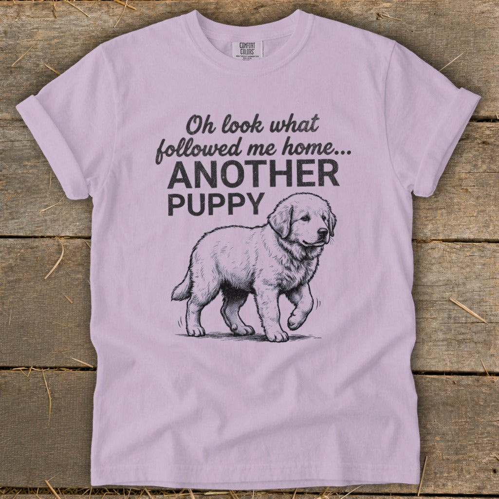 Light pink t-shirt with "Oh look what followed me home... ANOTHER PUPPY" and a puppy illustration.