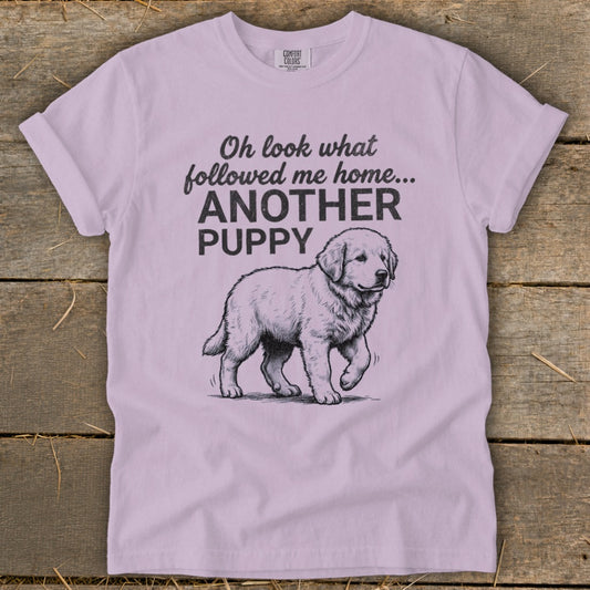 Light pink t-shirt with "Oh look what followed me home... ANOTHER PUPPY" and a puppy illustration.