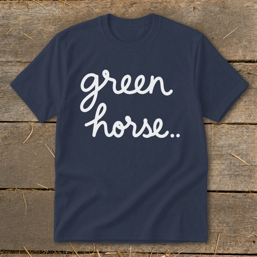 Navy t-shirt with white script text "green horse.."