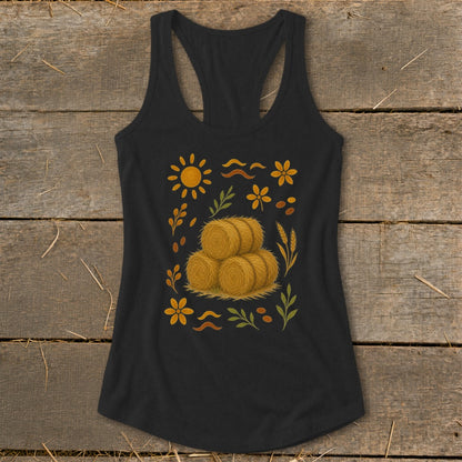 Black tank top with a fall-themed print featuring hay bales and foliage.