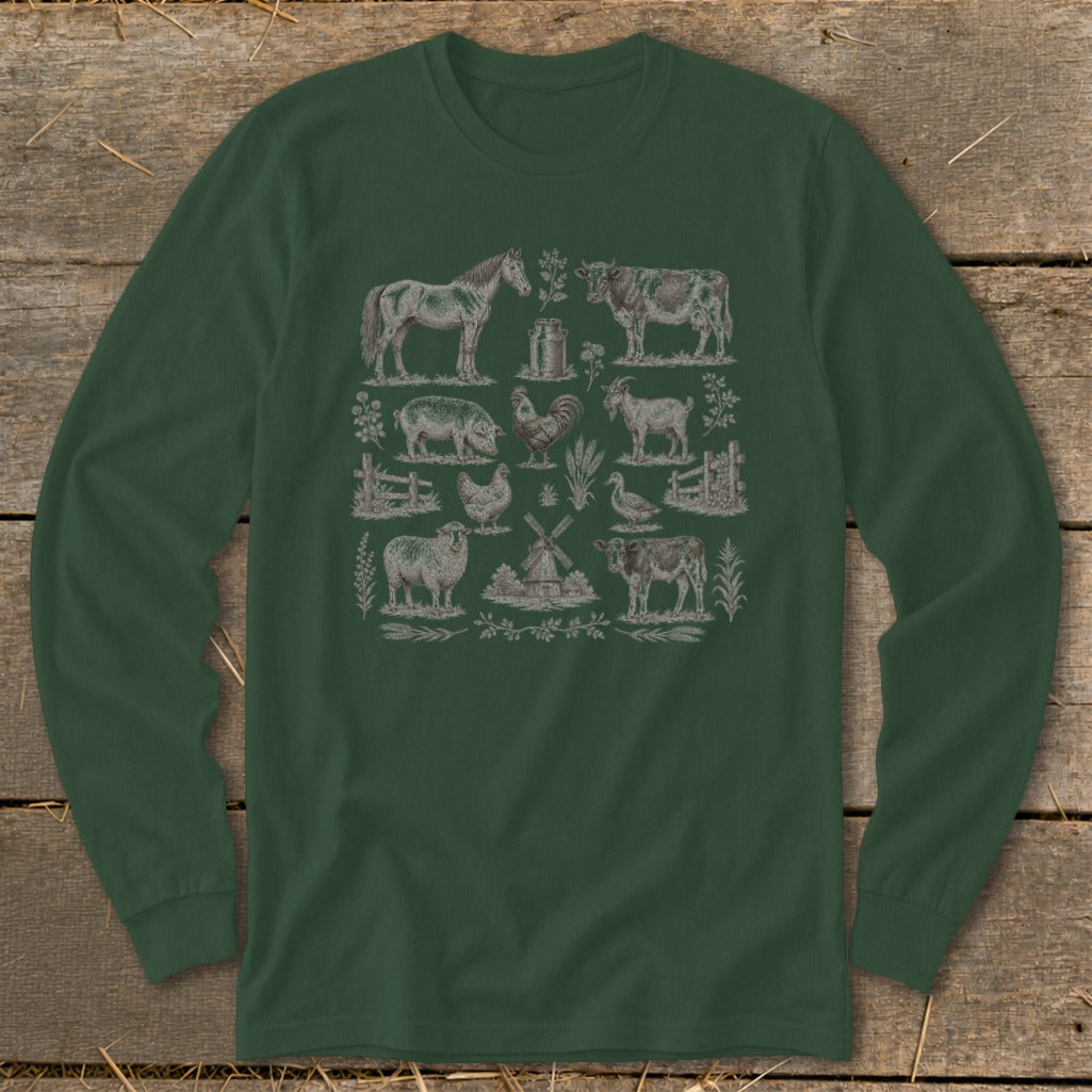 Dark green long-sleeve shirt with vintage farm animal illustrations.