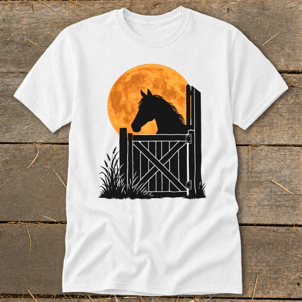 A white short-sleeved t-shirt featuring a graphic of a horse silhouetted against a large orange moon.