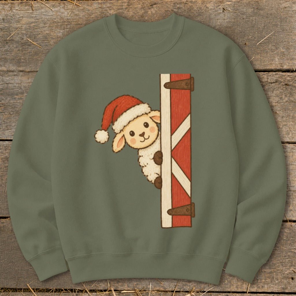 Cartoon sheep wearing a Santa hat peeks from behind a red barn door.