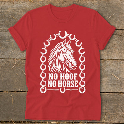 Red t-shirt with white horse graphic and "No Hoof No Horse" text.