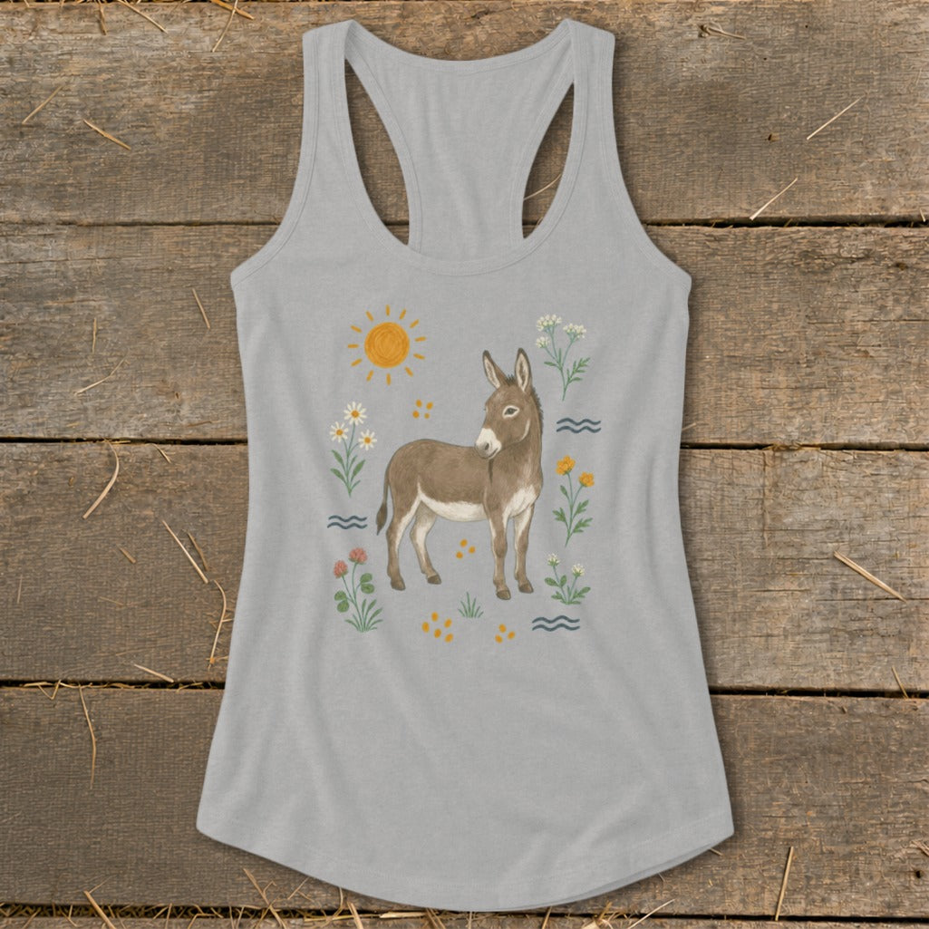 Gray tank top with a watercolor illustration of a donkey surrounded by flowers and the sun.