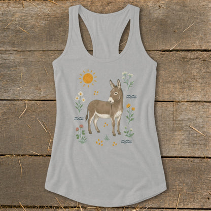 Gray tank top with a watercolor illustration of a donkey surrounded by flowers and the sun.