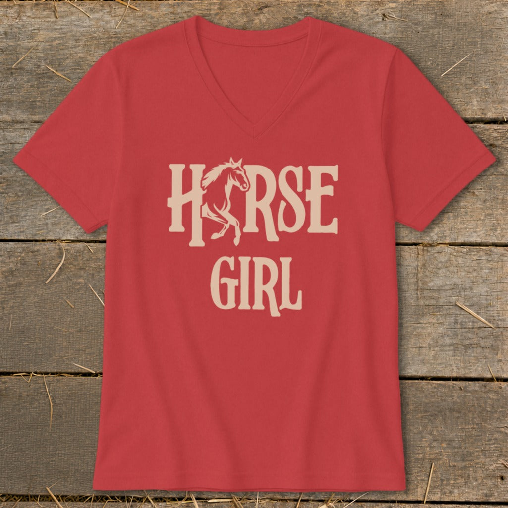 Red v-neck t-shirt with "HORSE GIRL" and a horse silhouette graphic.