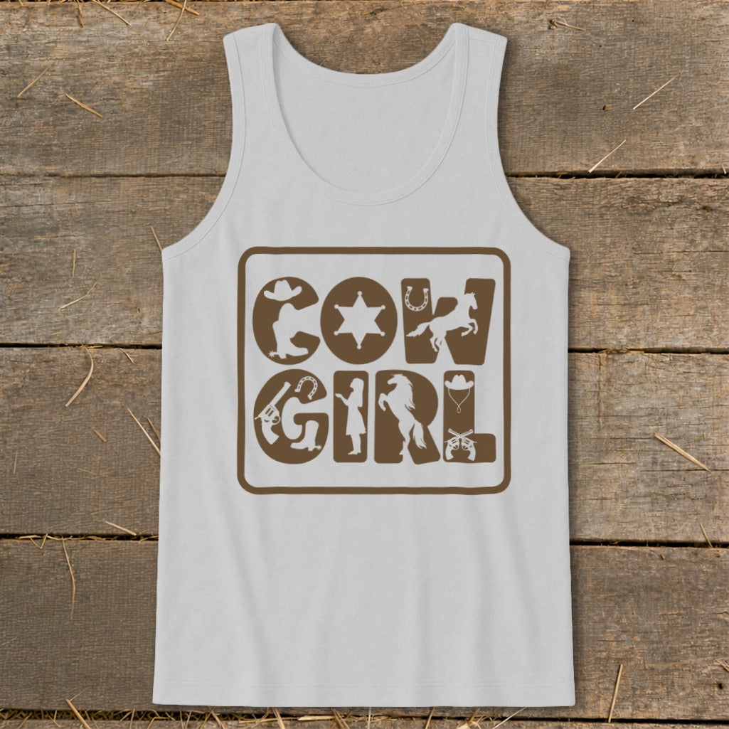White tank top with brown "Cow Girl" text and Western-themed icons.
