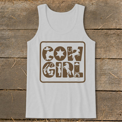 White tank top with brown "Cow Girl" text and Western-themed icons.