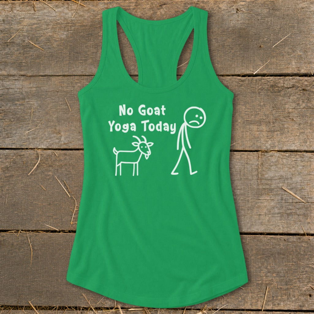 Green tank top with white text and line drawings of a sad stick figure and a goat.