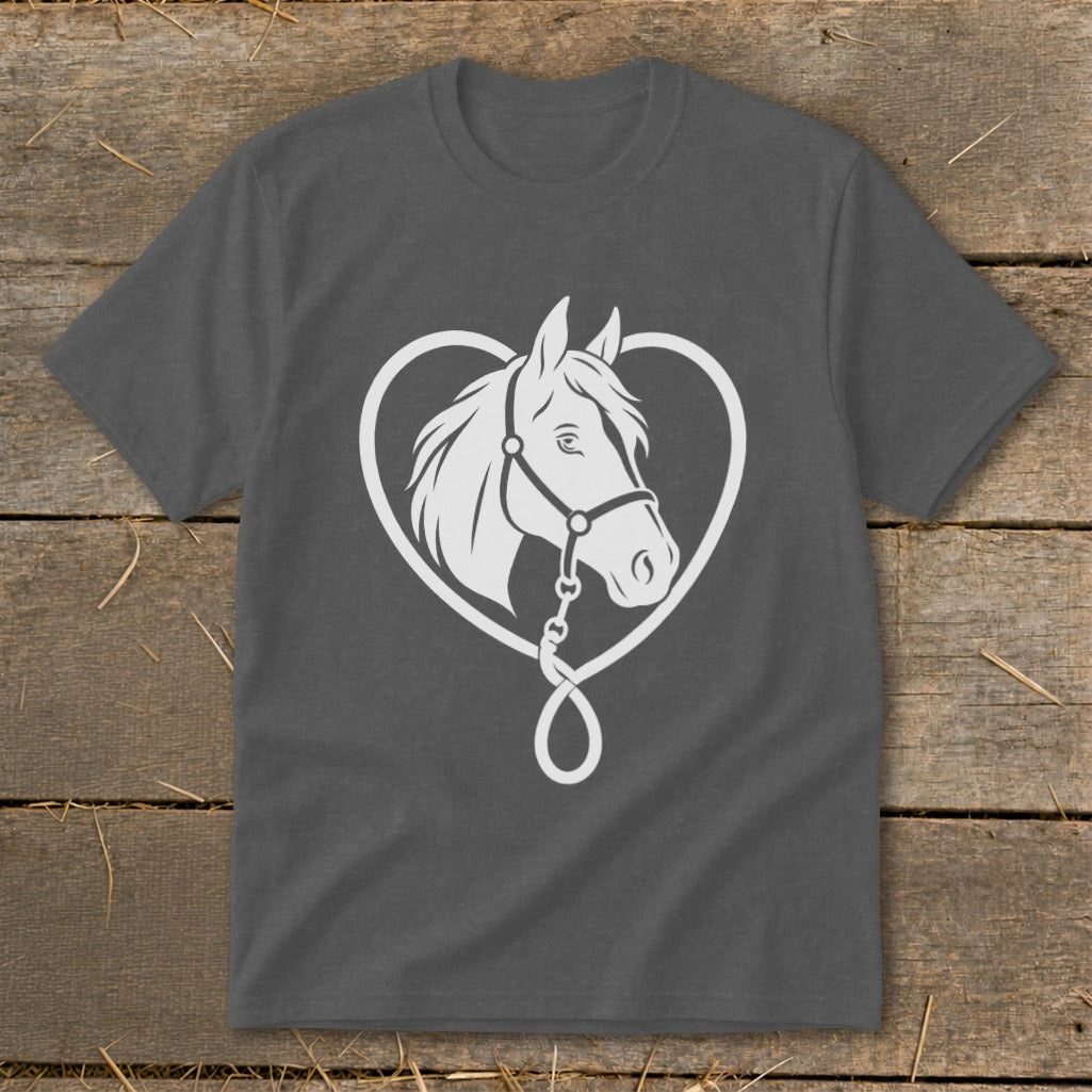Dark grey t-shirt featuring a white graphic of a horse's head framed by a heart shape.