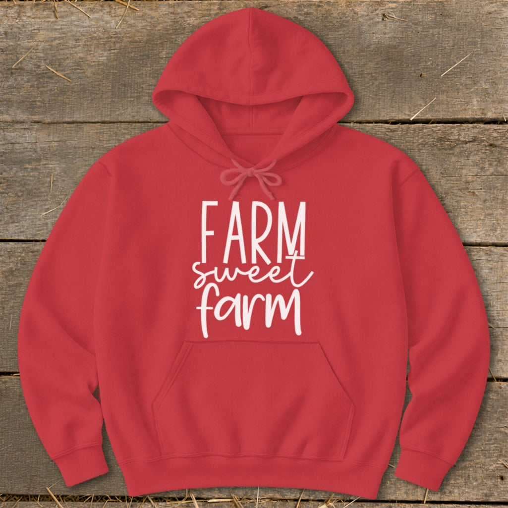 Red hoodie with white text that reads "FARM sweet farm".