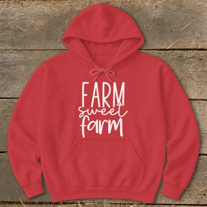 Red hoodie with white text that reads "FARM sweet farm".