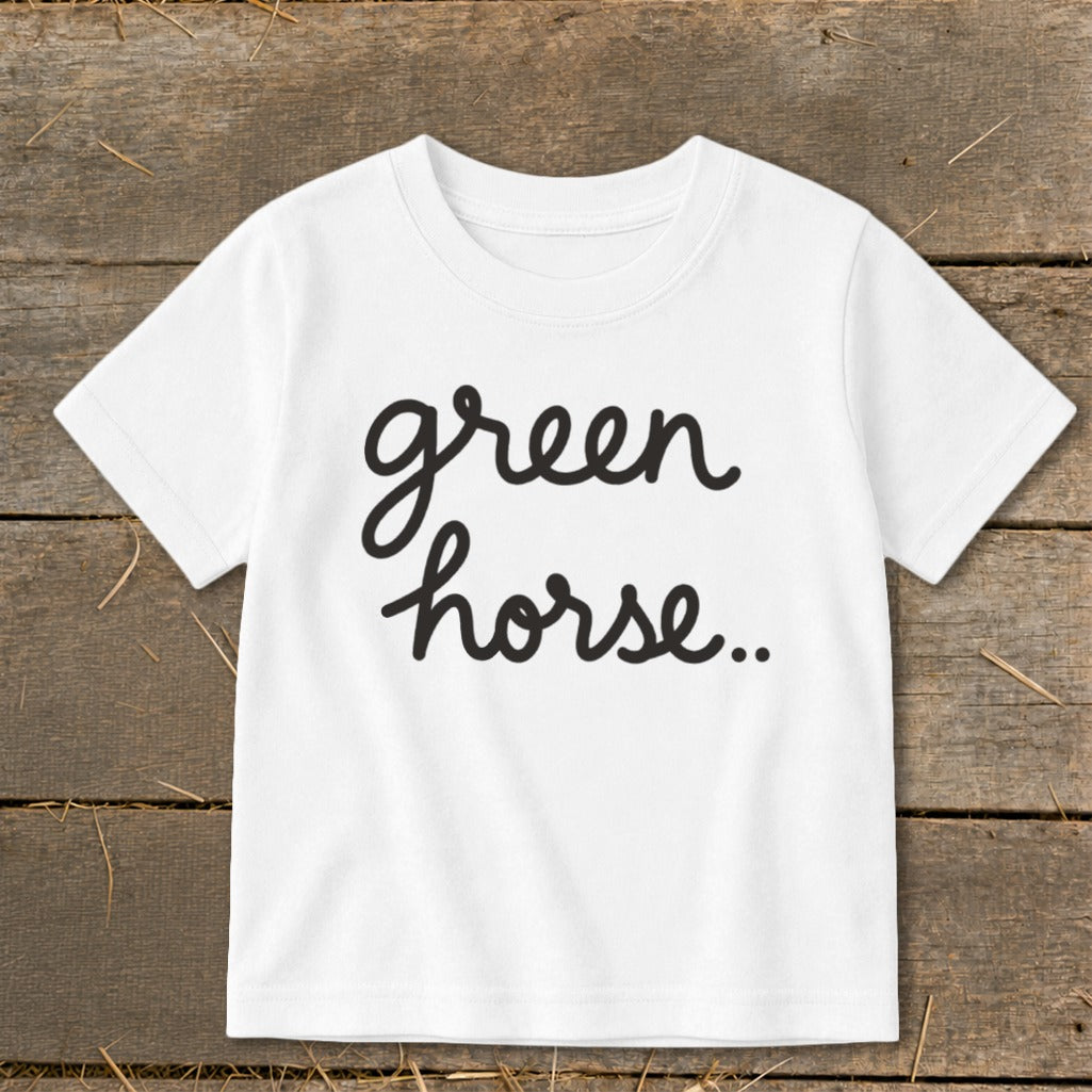 White t-shirt with "green horse.." text in black cursive script.