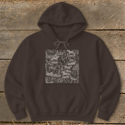 Brown hoodie with a collage of various horse breeds and equestrian elements.