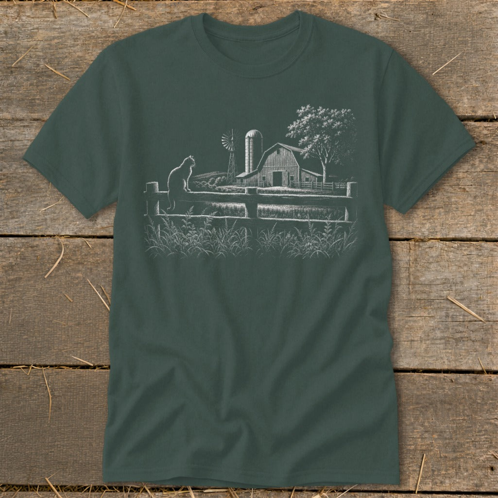 White line art of a cat on a fence overlooks a barn, windmill, and tree.