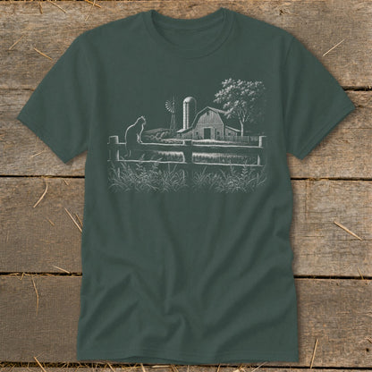 White line art of a cat on a fence overlooks a barn, windmill, and tree.