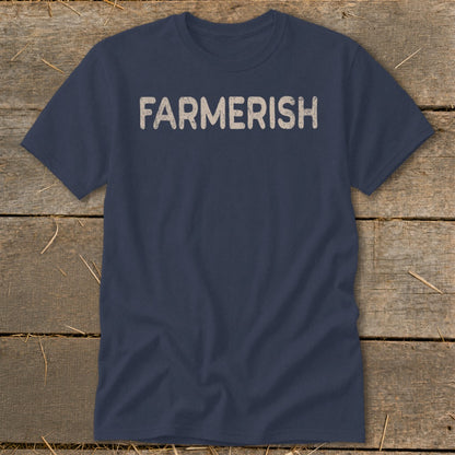 Navy t-shirt with "FARMERISH" printed in distressed white text.