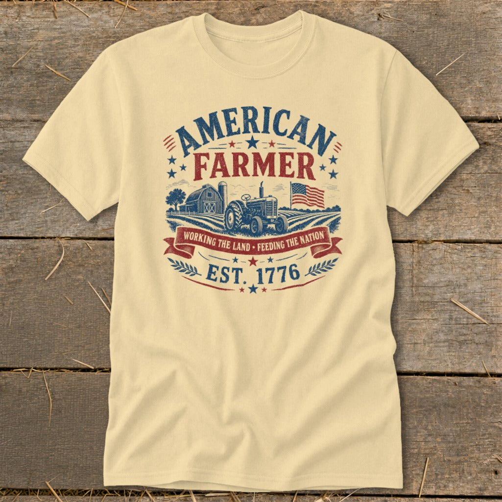American Farmer graphic with tractor, barn, fields, and US flag. EST. 1776.