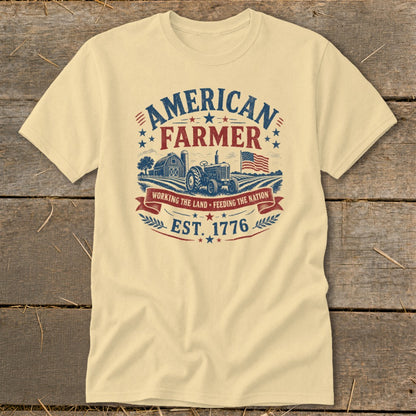 American Farmer graphic with tractor, barn, fields, and US flag. EST. 1776.