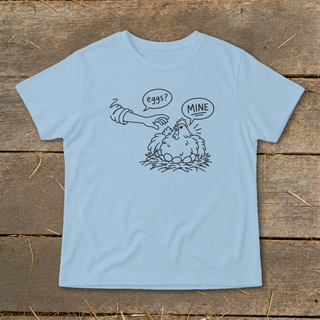 Cartoon chicken protecting eggs from a hand asking "eggs?" with "MINE" speech bubble.